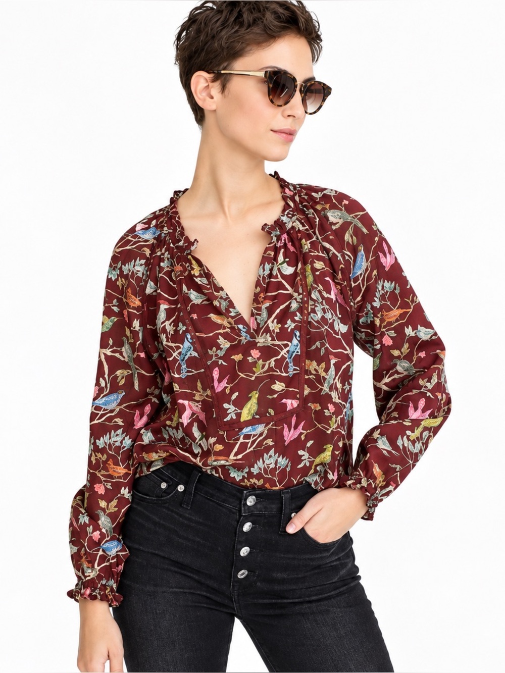 NWT J. Crew Point Sur Menagerie Ruffle Bird Print Popover